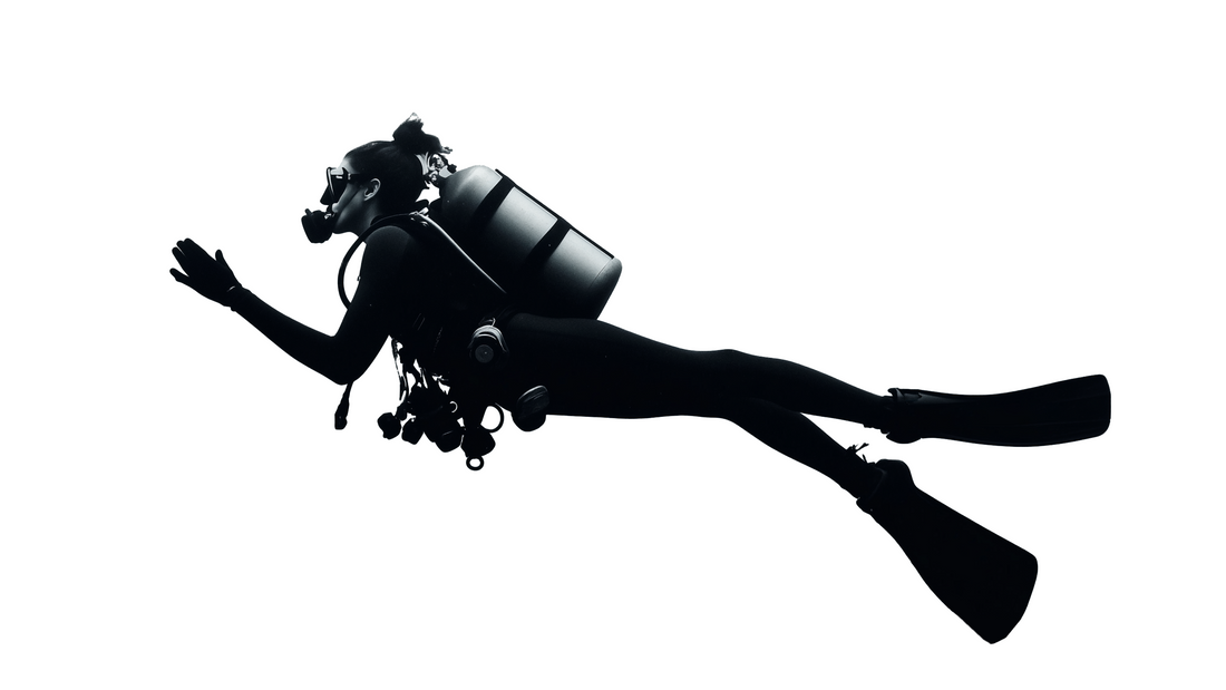 A sketch of a woman in scuba gear next to a leg with a gun.