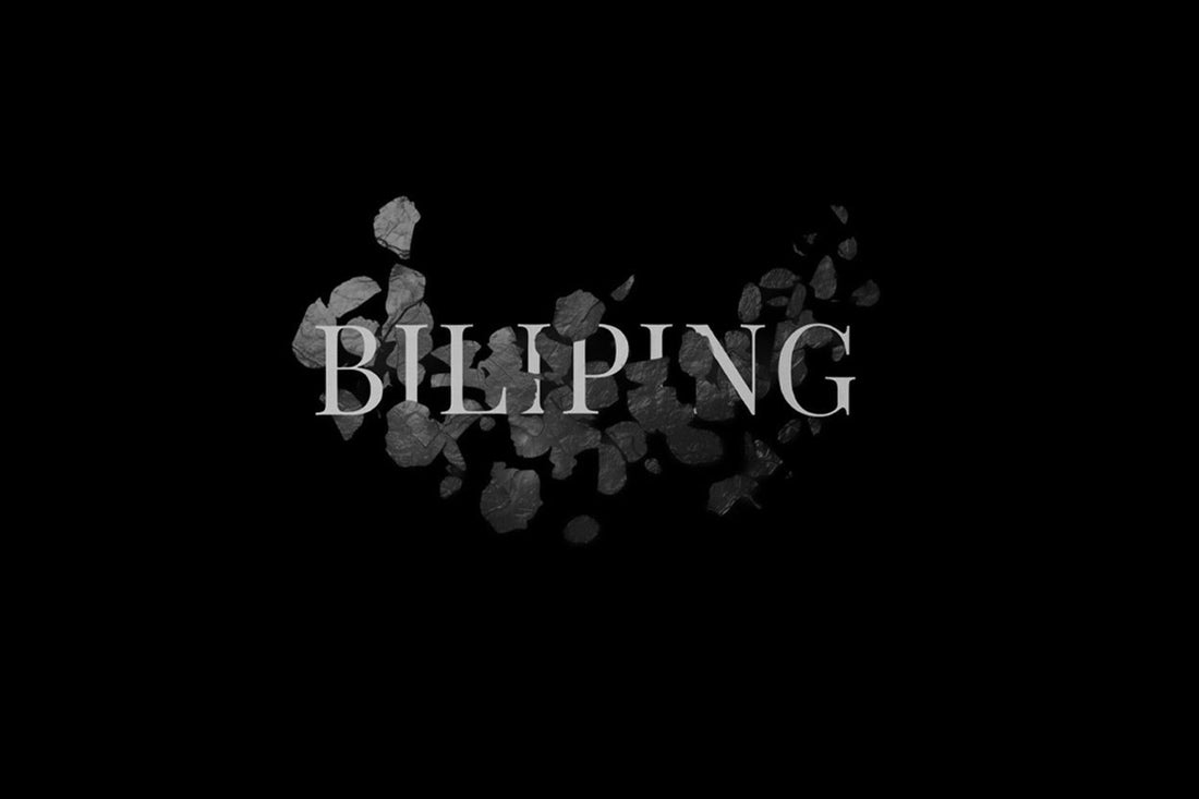 BILIPING wordmark in light grey over grey leaf-like shapes on a black background.