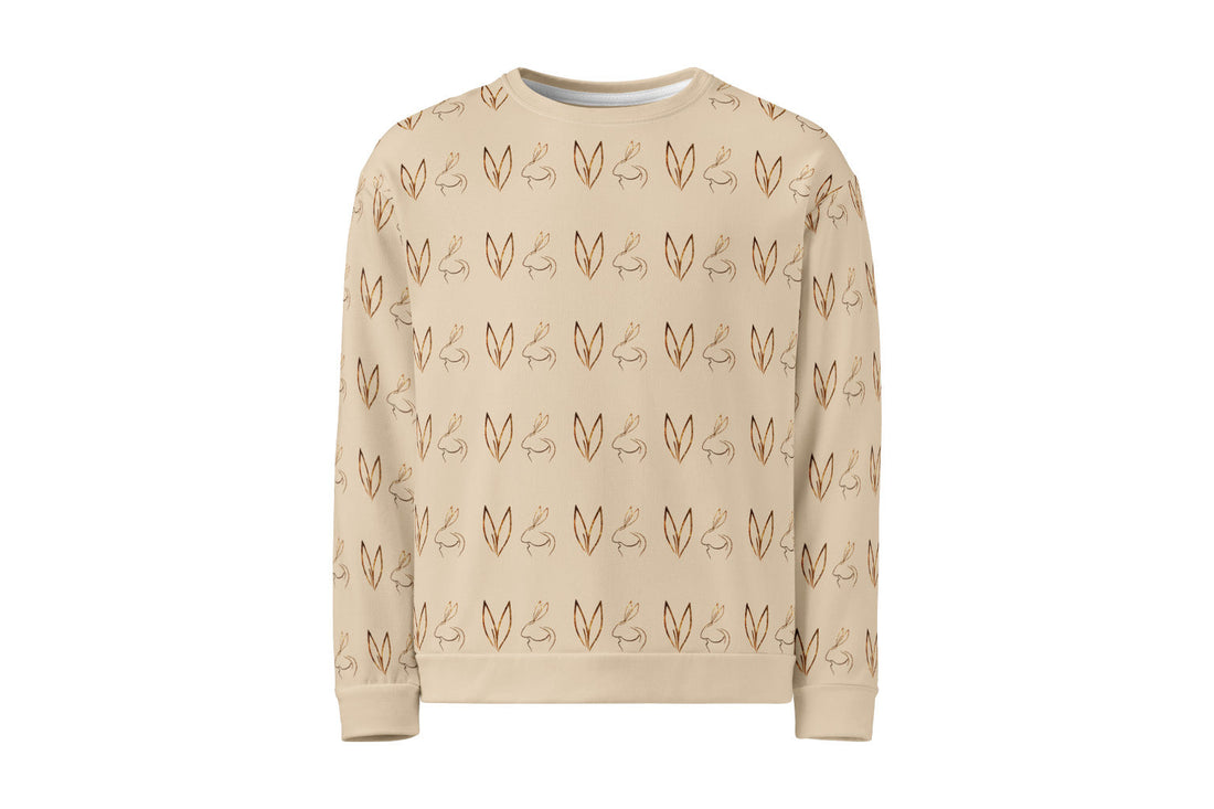 Front view of a sand-colored sweatshirt with a repeating rabbit motif on a white background