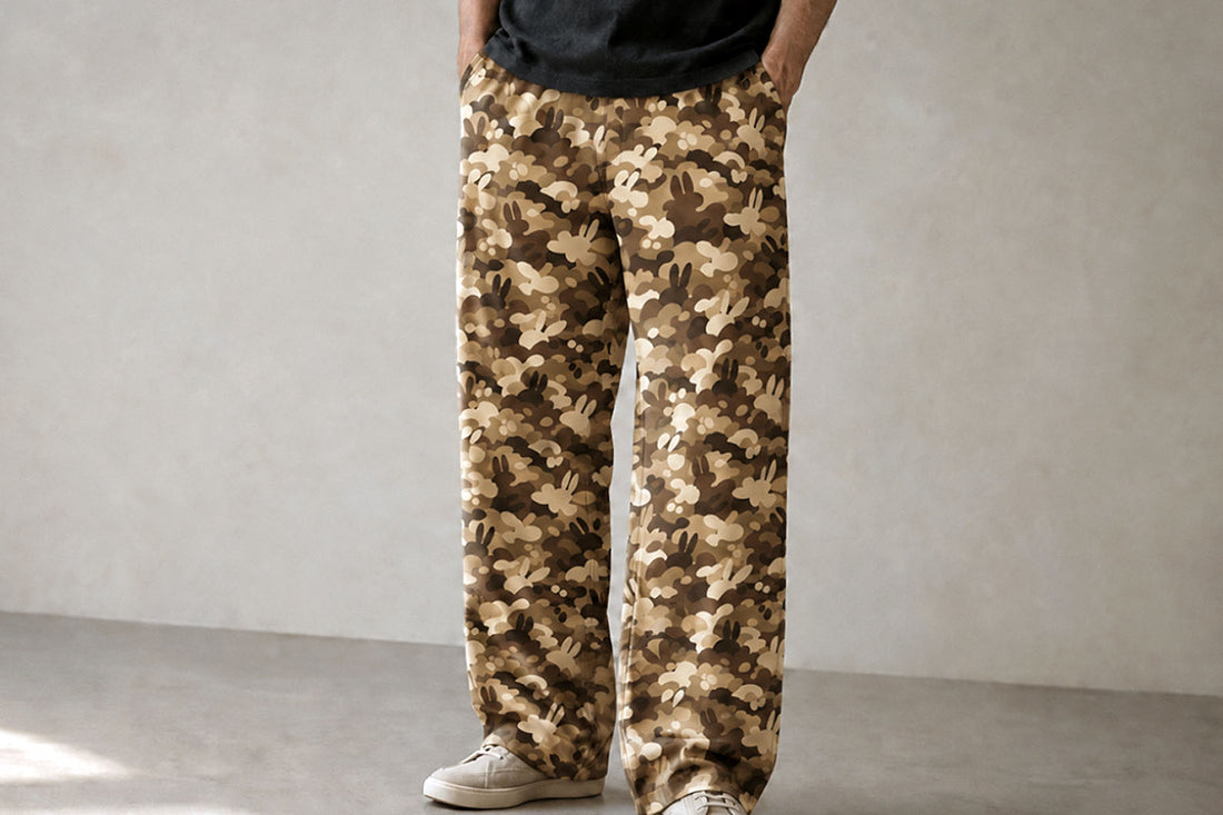 Editorial-style image of a model wearing a black top and sand-and-brown wide-leg trousers with a repeating rabbit-inspired camouflage motif in a neutral studio.