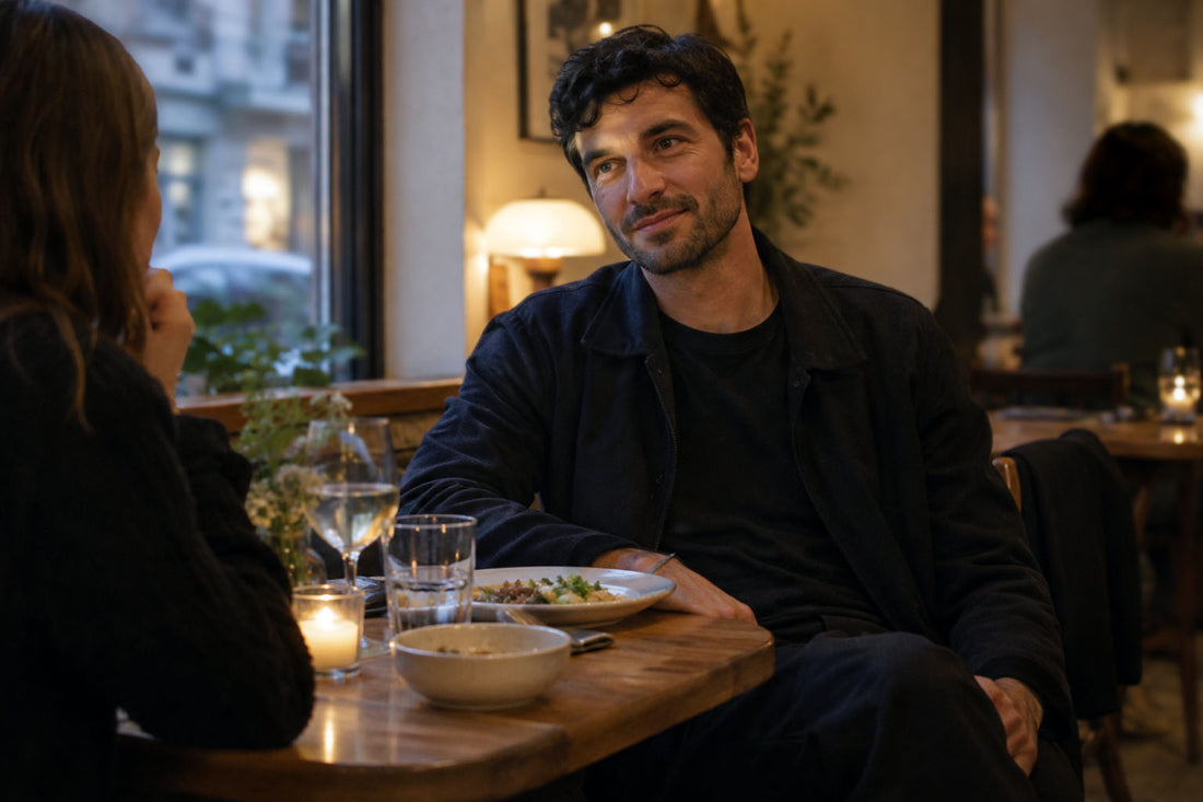 Man in a black T-shirt and dark jacket talking with a companion at a casual restaurant table