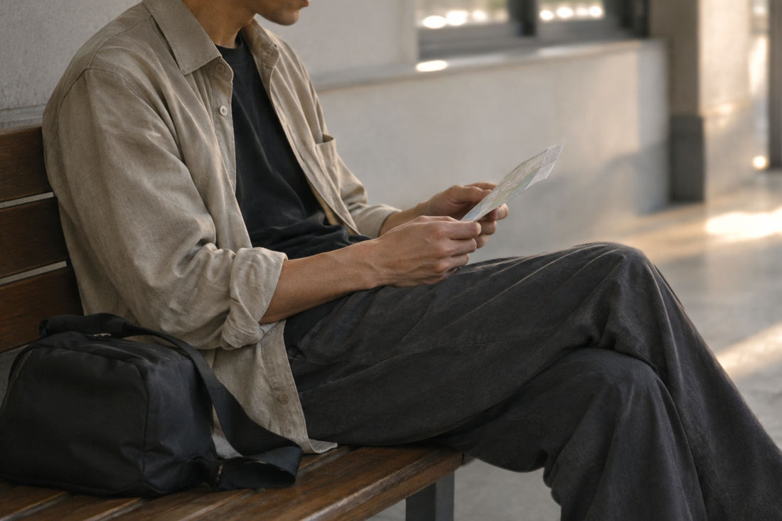 Traveler in a light overshirt and dark trousers seated beside a black bag while reading a paper