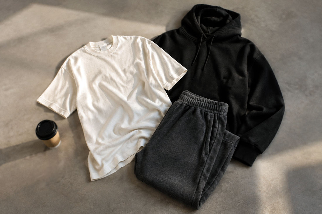Ivory tee, charcoal sweatpants and black hoodie flatlay — Biliping weekend outfit essentials