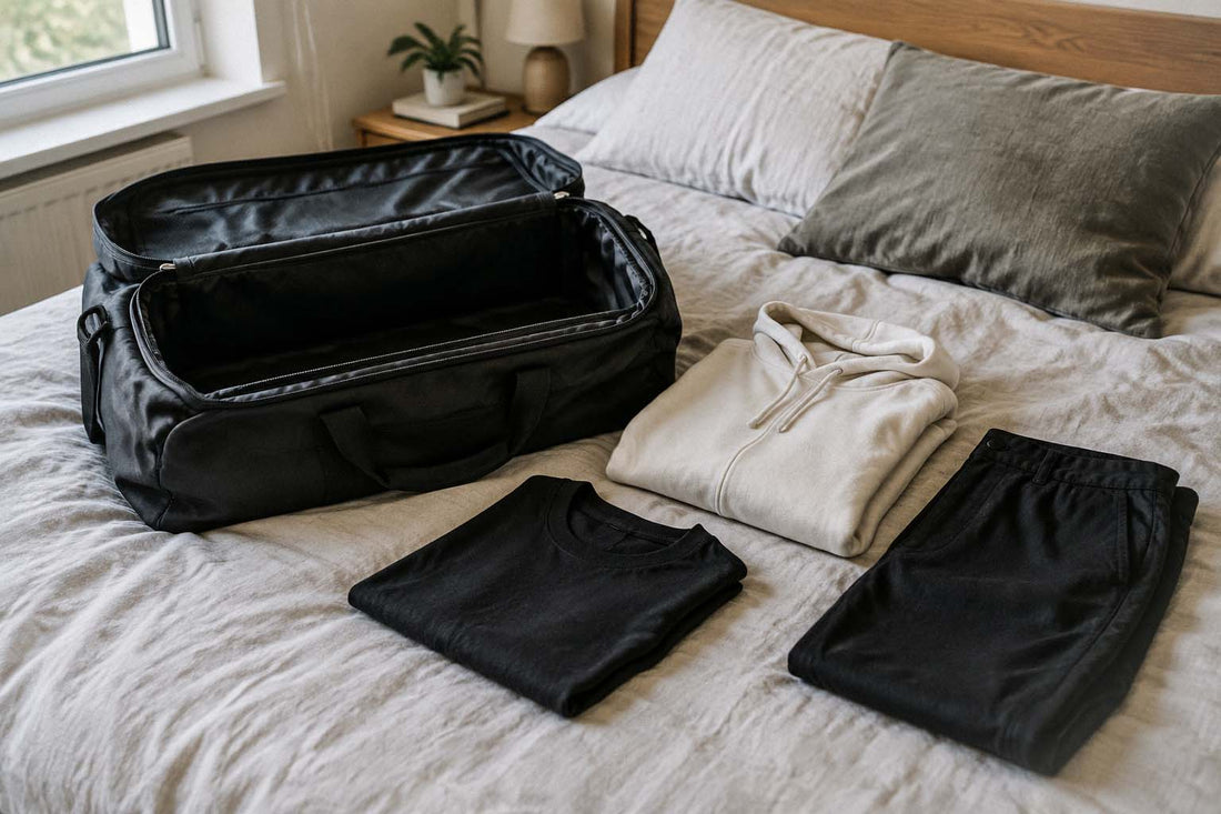 Open weekend bag beside a folded black T-shirt, ivory hoodie and black trousers on a bed