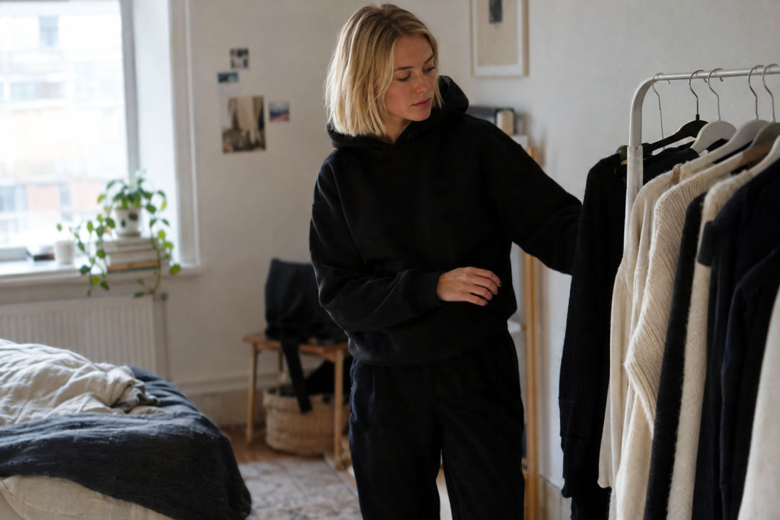 Woman in a black hoodie choosing clothes from a rack of black and ivory outfits