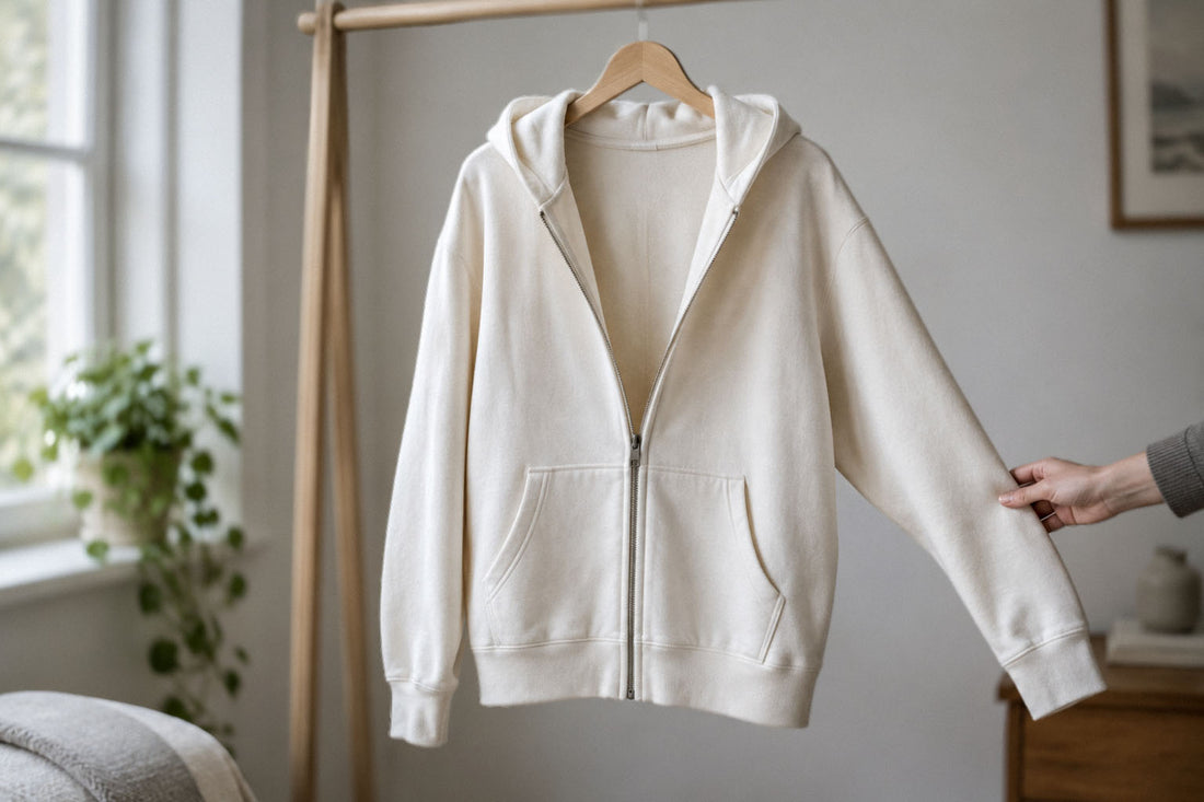 Ivory zip hoodie hanging partly unzipped on a wooden rack while a hand straightens the sleeve