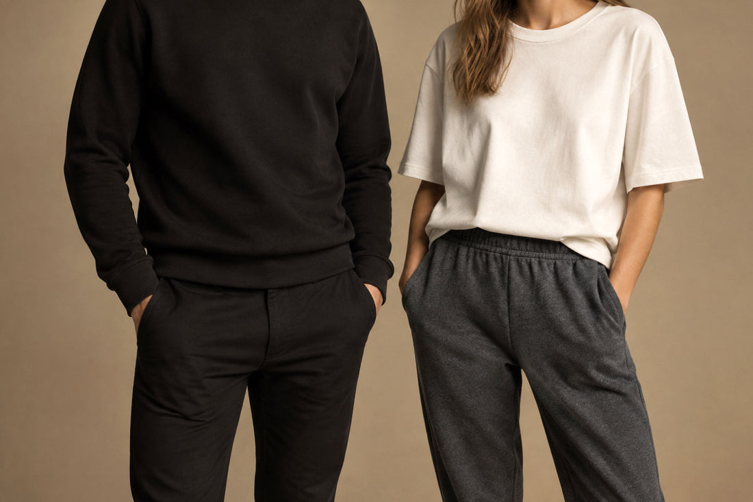 Man in black hoodie and chinos, woman in ivory tee and charcoal joggers — minimalist Biliping outfits