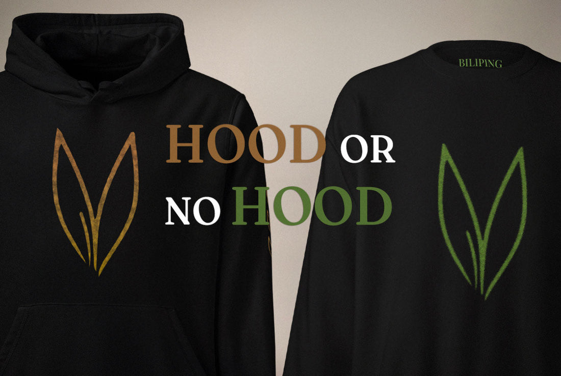 Black pullover hoodie with a bronze rabbit mark beside a black crewneck sweatshirt with a green rabbit mark