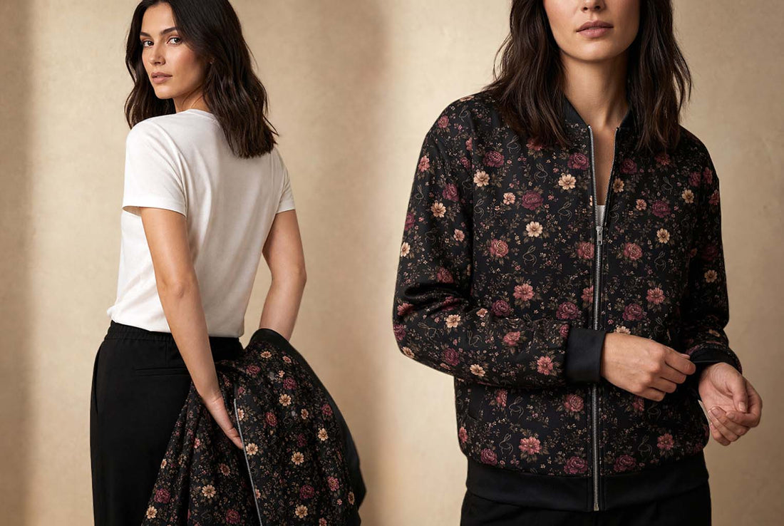 Editorial image showing a model wearing a black floral-pattern bomber jacket, alongside a second view of the jacket held over a white T-shirt.