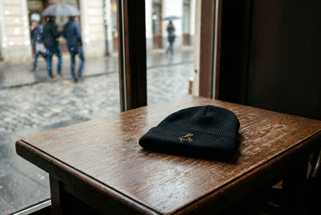 Black ribbed beanie with a small rabbit mark on a wooden table beside a window overlooking a rainy street.