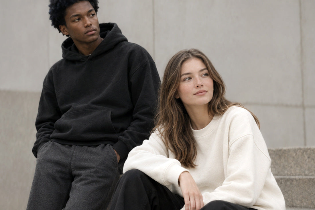 Two models in minimalist autumn outfits — black hoodie, ivory sweatshirt and charcoal joggers — Biliping editorial