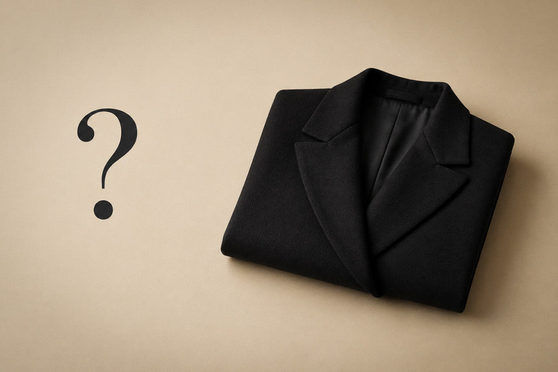 Dark blazer on beige background with question mark — minimalist interview outfit without a suit