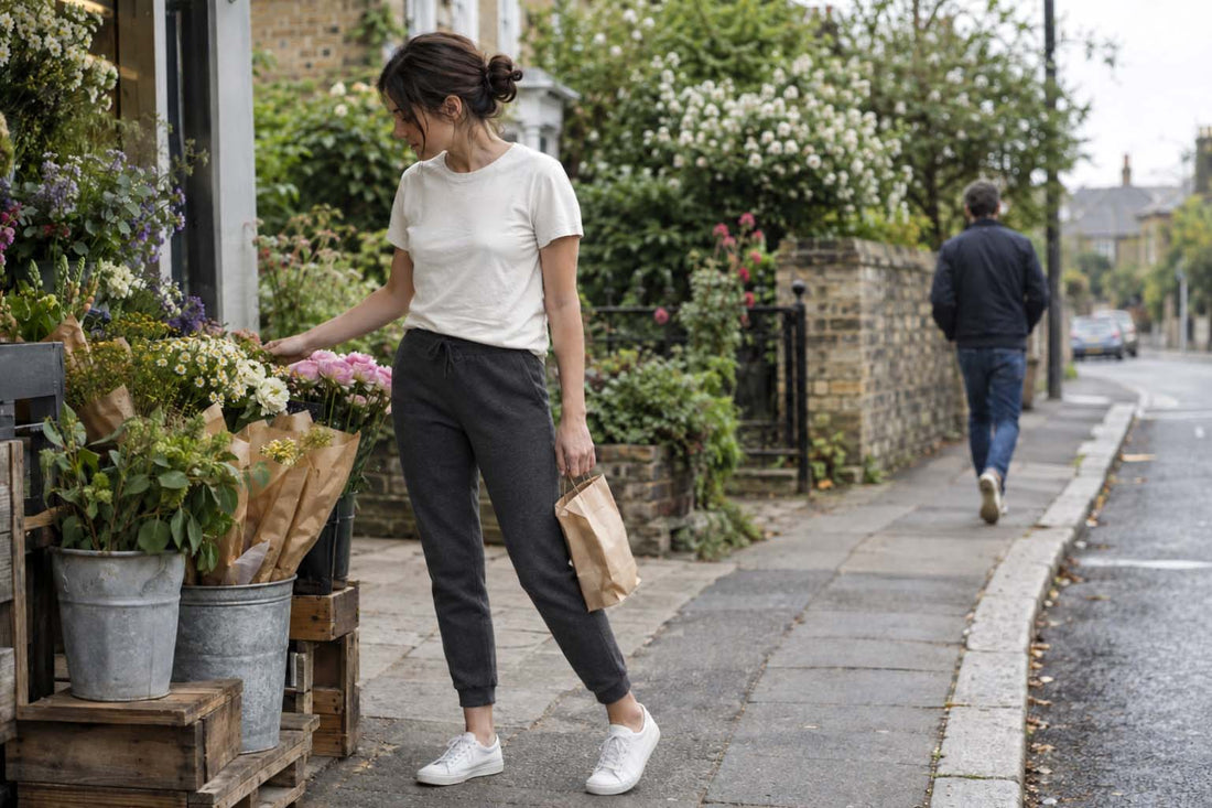 Woman in charcoal joggers and a white T-shirt looking at flowers on a neighborhood street