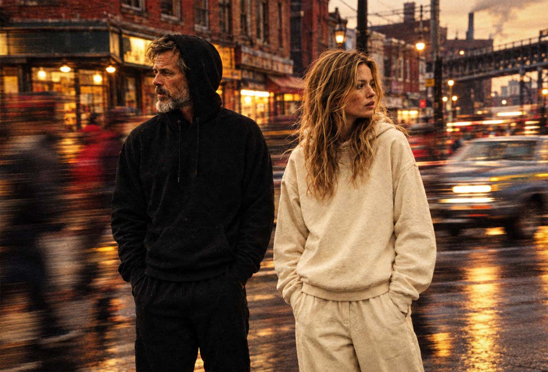 Man in black hoodie and woman in ivory outfit, sharp against a blurred American city street crowd — monochrome dressing, one colour rule, Biliping
