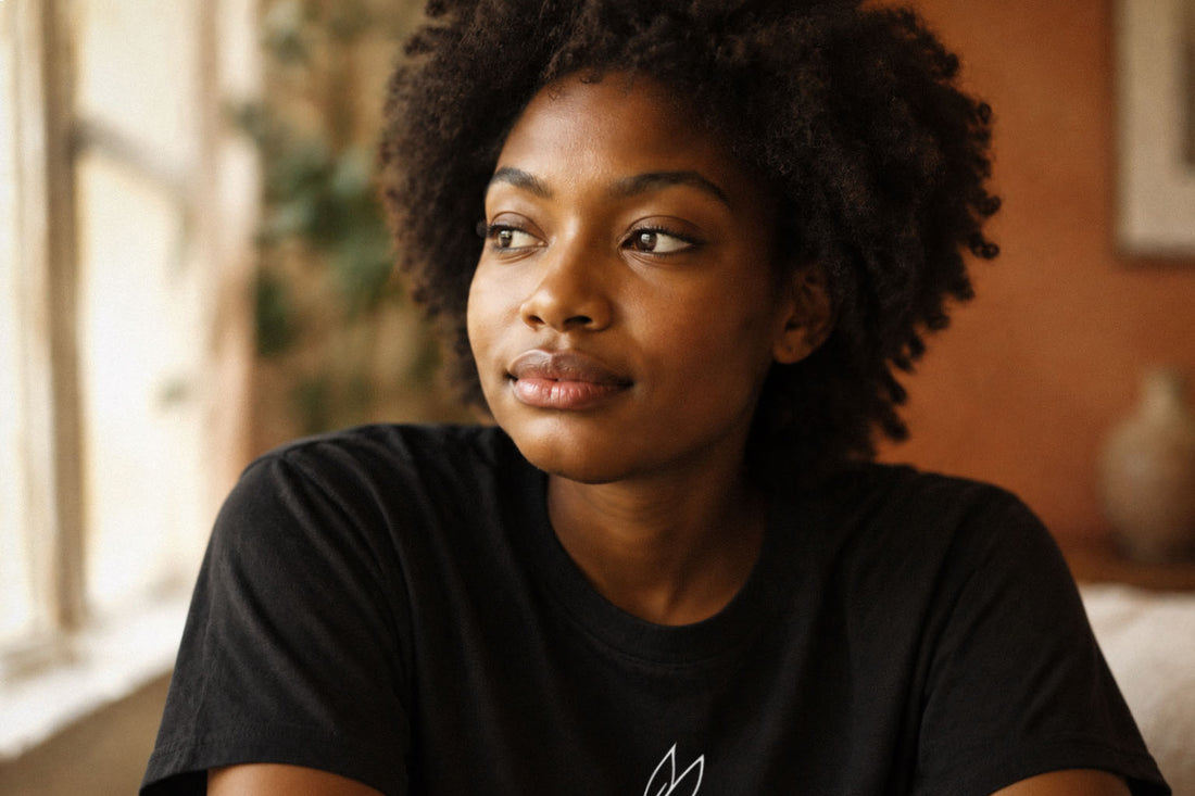 Young woman in a plain black crew-neck tee, morning light — minimalist everyday outfit, Journey Tee, Biliping