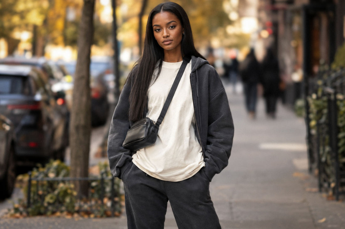 African American female model with long straight hair in ivory tee, graphite hoodie and dark sweatpants with black crossbody bag on a blurred autumn city street — capsule wardrobe editorial, Biliping